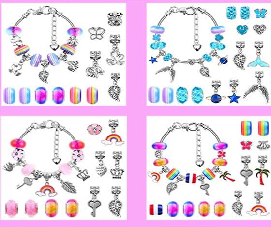 Four sets of Charmed-Bracelet-Set-Extra-Goody-Slumber-Party with assorted charms and colorful press-on nails, each set themed differently with fruits, ocean, pink accents, and rainbows.