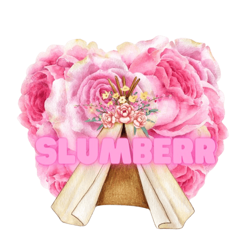 A graphic of pink and coral watercolor roses arranged in a bow shape, adorned with smaller flowers and pistils at the center, and the word "Slumberr Logo" in bold above.