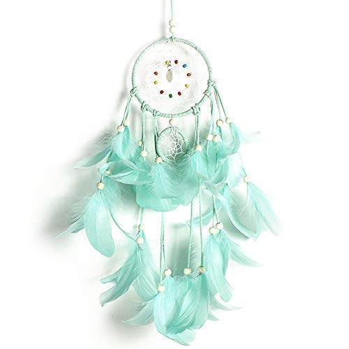 A turquoise dream catcher with white and gold beads, decorated with soft, turquoise feathers hanging from delicate webbing against a white background.