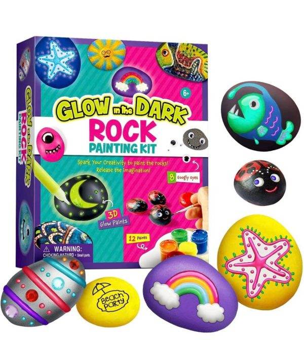 A colorful package of a "Glowing rock painting kit" featuring painted rocks with various designs like a star, rainbow, and googly-eyed creatures, along with paint pots and brushes.