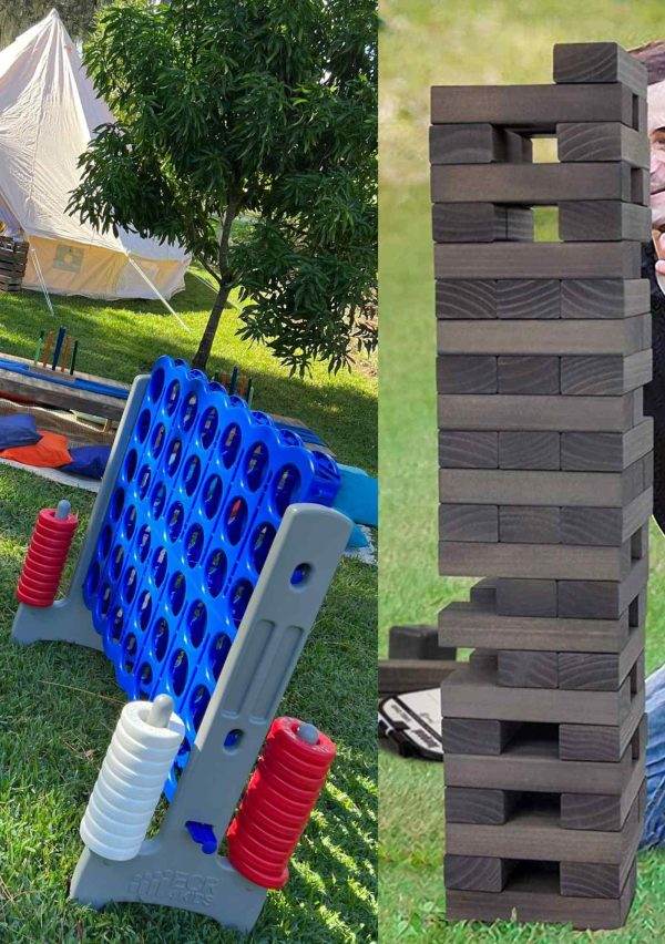 Two pictures of a man playing with a stack of blocks in an XL Outdoor Games Addon.