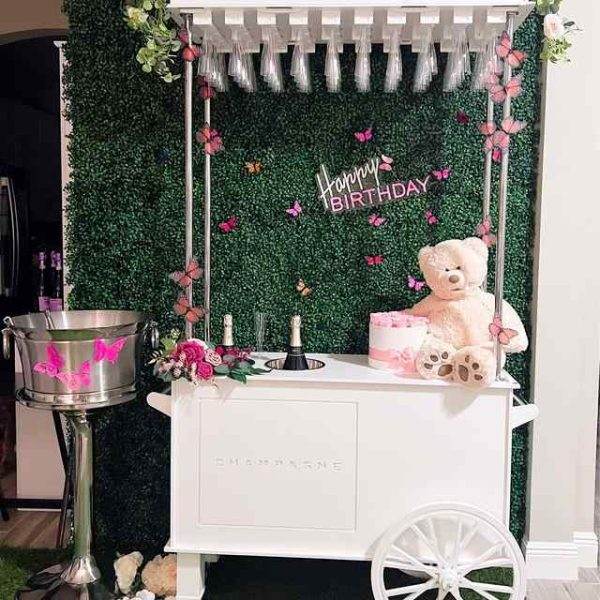 A decorative birthday booth with a greenery backdrop, floral accents, a "happy birthday" sign, an XL Outdoor Games Addon cart with teddy bears, and a white cart holding champagne.