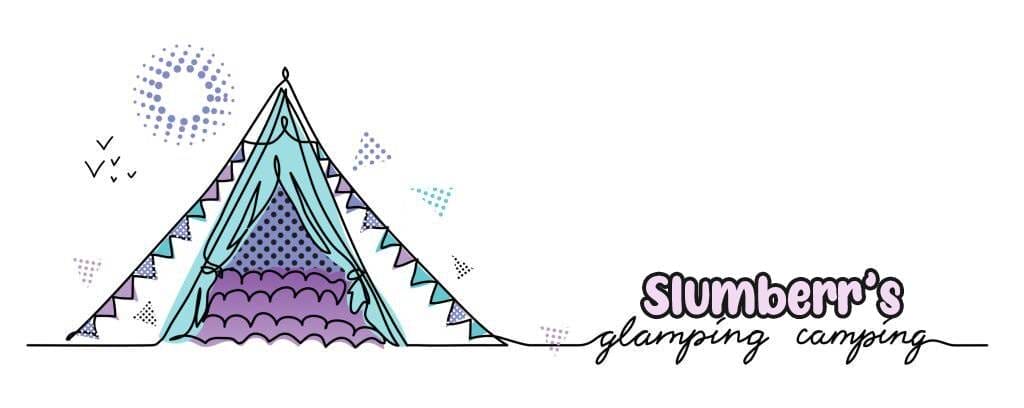 Illustrative drawing of a Lakeland teepee with a geometric pattern, accompanied by decorative elements and the text "slumber's glamping camping.