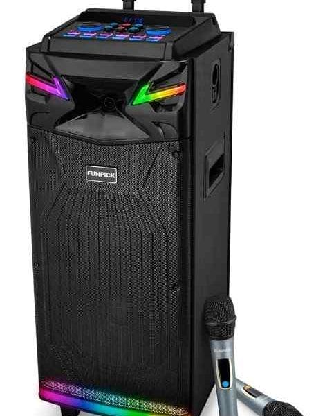 Karaoke Machine Rental with LED lighting, labeled "funpick," features a top panel with control buttons and a wireless microphone on the side.