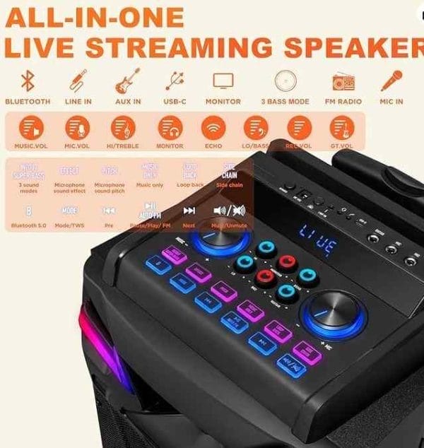 Promotional image of a multifunctional live streaming Karaoke Machine Rental with various connectivity icons and feature labels displayed above it.
