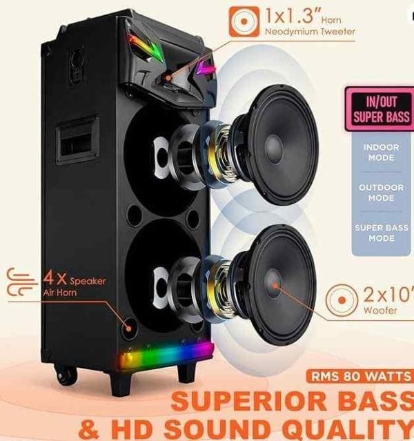A black, high-powered Karaoke Machine Rental with multiple visible components including tweeters, a horn, and woofers, illuminated by LEDs, advertising features like superior bass and HD sound quality.