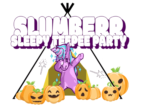 Logo featuring the text "Slumber sleepy Bell Tent party with a touch of Lakeland" with a stylized unicorn and smiling jack-o'-lanterns in front of a teepee, set against a green background.