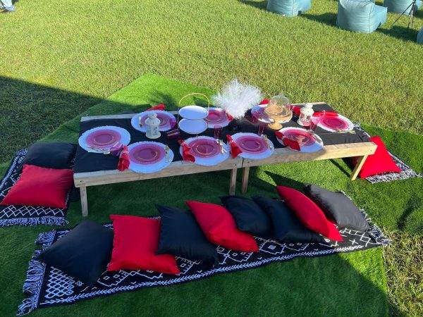 Outdoor picnic setup on grass with a low wooden table, red and black cushions, and a tea set with 314585870_561320655723699_5565947558813779535_n plates and cups under sunny skies.