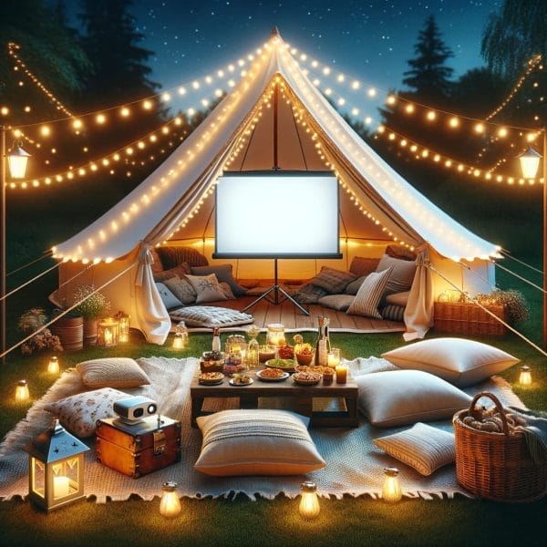 Outdoor movie night event planning with the Ultimate Party Package under a large tent at dusk.