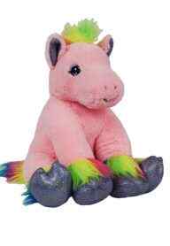 A custom pink plush Build A Bestie unicorn toy with a rainbow-colored mane and tail, sitting against a white background.