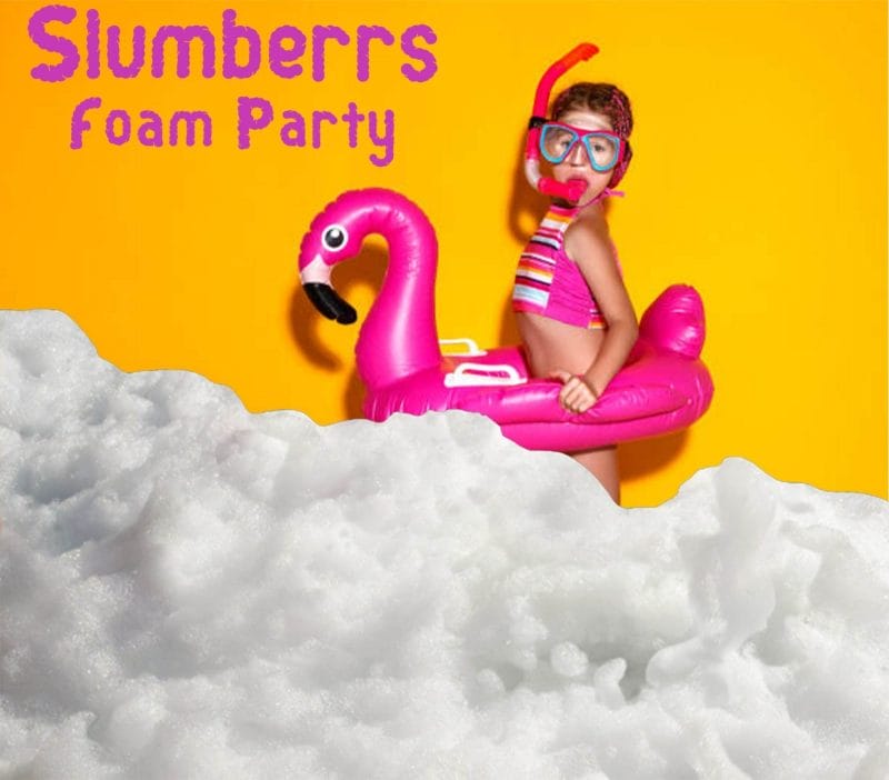 A young girl wearing snorkeling gear and a striped swimsuit floats on a pink flamingo inflatable in a sea of foam, under the headline "Unleash the Fun at our Foam Party" on