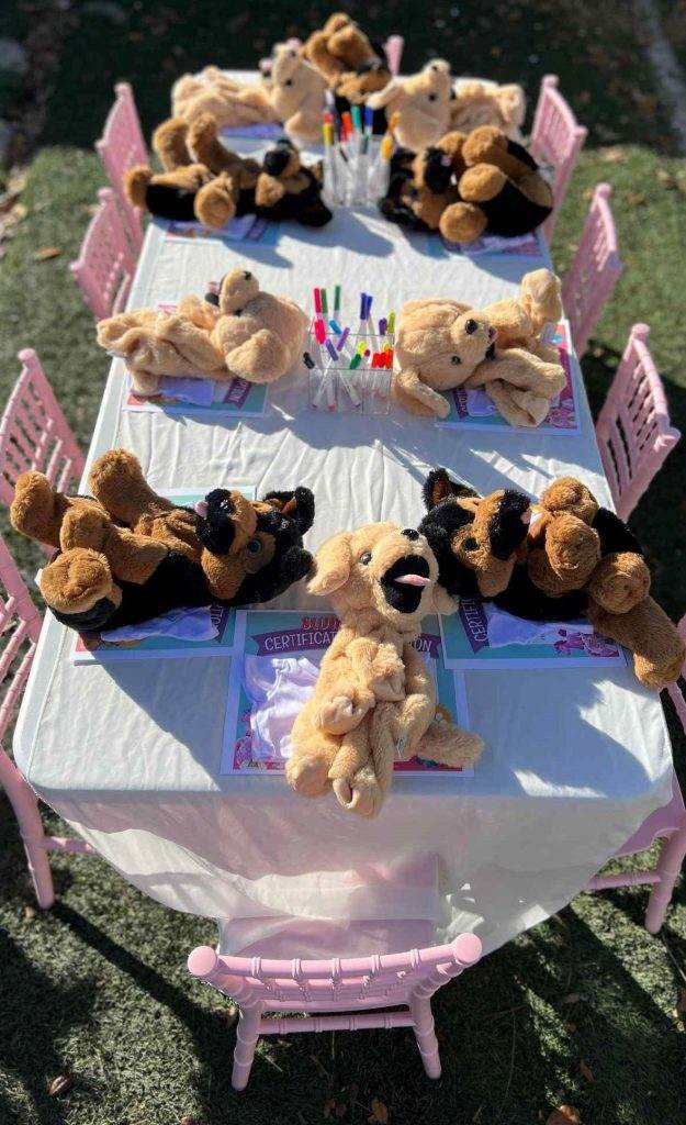 A children’s outdoor party setup with a pink table and chairs, displaying stuffed teddy bears and dogs around coloring materials and build-a-bear certificates.