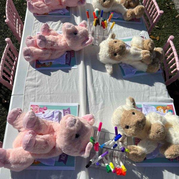 Stuffed animals, including custom bears, sitting at tables with coloring books and markers, set up outdoors for a children's activity.