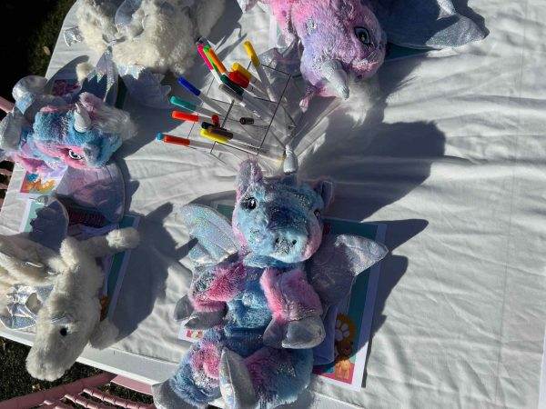 Plush unicorn toys displayed for sale on a table with colorful fabric pens beside them at a bear party, outdoors in bright sunlight.