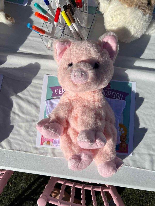A pink plush pig toy sits on a table with a "certificate of adoption" underneath, surrounded by pens and a small furry toy, ready for a Build-A-Bear party.