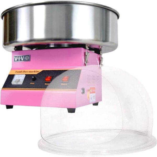 A pink Cotton Candy Machine With Dome Rental with a large clear dome and a stainless steel top.