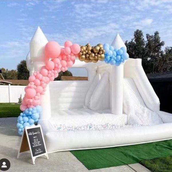 15FT X 13FT White Bounce House with a slide decorated with pink and blue balloons and a small chalkboard sign in front, set on a grassy area.
