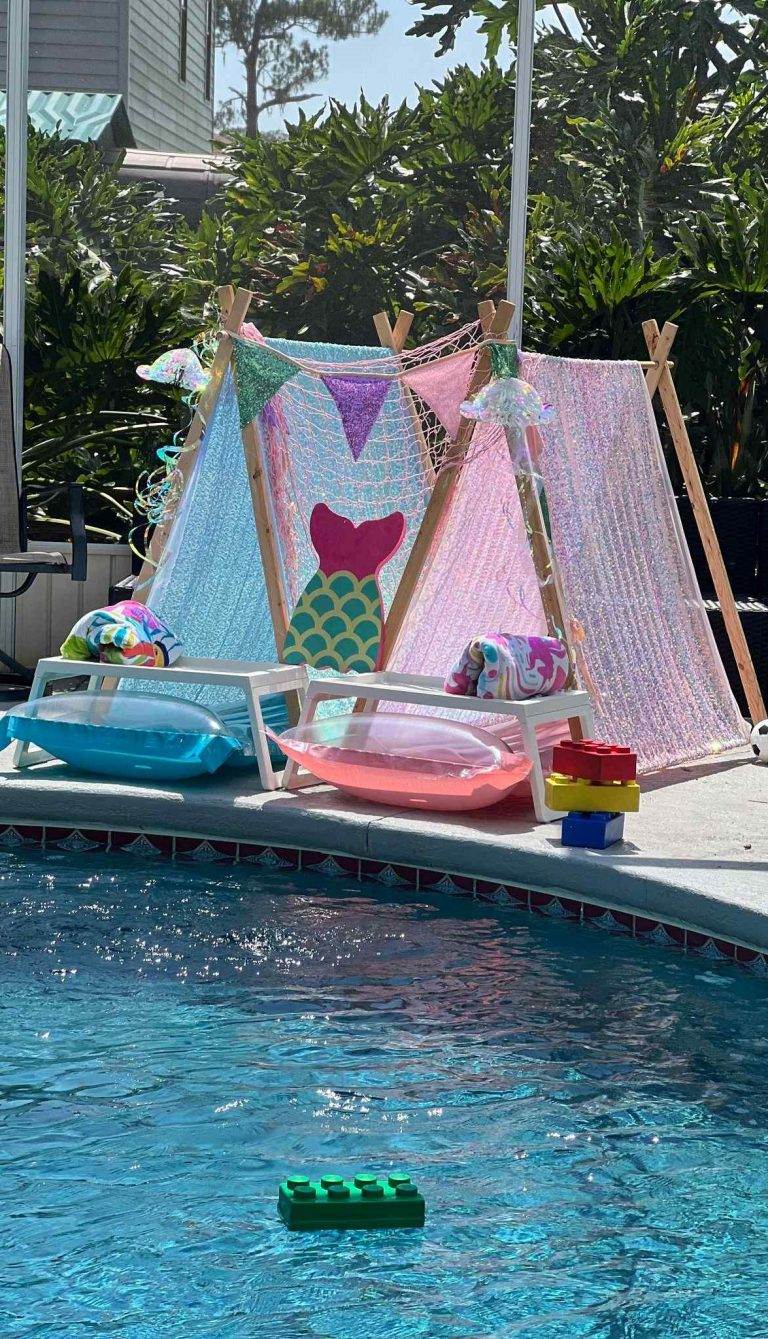 A mermaid tent set up for a pool party in Lakeland.