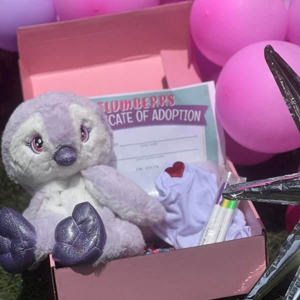 A purple plush toy owl in a Slime Party Box with a "certificate of adoption" and surrounded by pink balloons.