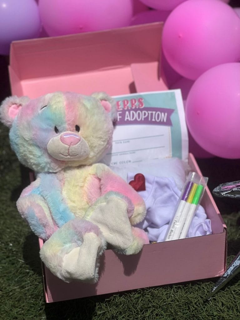 A colorful teddy bear sits in a pink box with a certificate of adoption and markers on a grassy field surrounded by pink balloons, part of the fun Slumber Party Boxes collection.