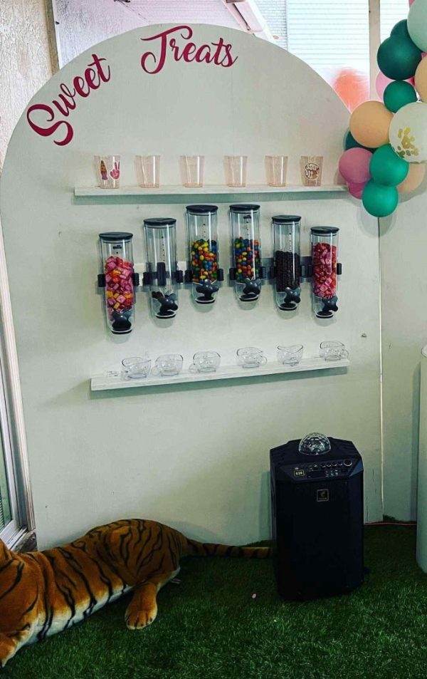 Candy dispensing wall labeled "party treats" with assorted candies in clear dispensers, next to a plush tiger toy on a grass carpet.