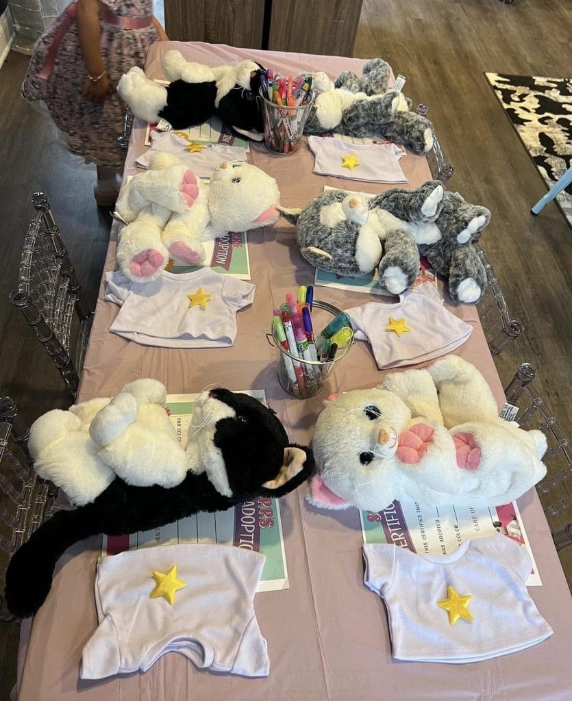 Several stuffed animals arranged on a table for a Slumberr Party craft activity, each paired with markers and a white t-shirt.