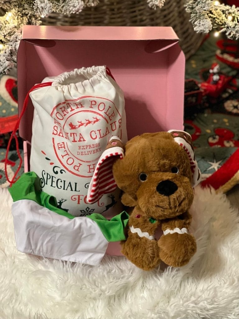 A plush teddy bear with a Holiday Build-A-Bear Party Box next to a "north pole santa claus express delivery" bag, with a christmas tree in the background.