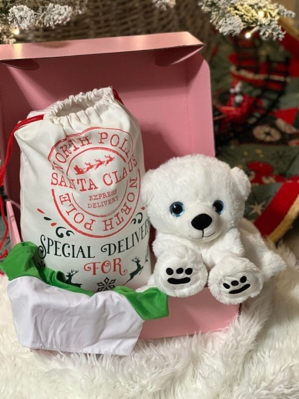 A white plush bear from the Holiday Build-A-Bear Party Box sits next to a festive Santa Claus sack in a pink box, with Christmas decorations in the background.