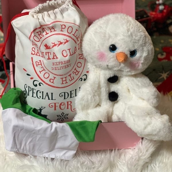 A plush snowman toy seated in a Holiday Build-A-Bear Party Box, with a white and red "north pole santa claus express" delivery sack beside it, set on a white furry surface.