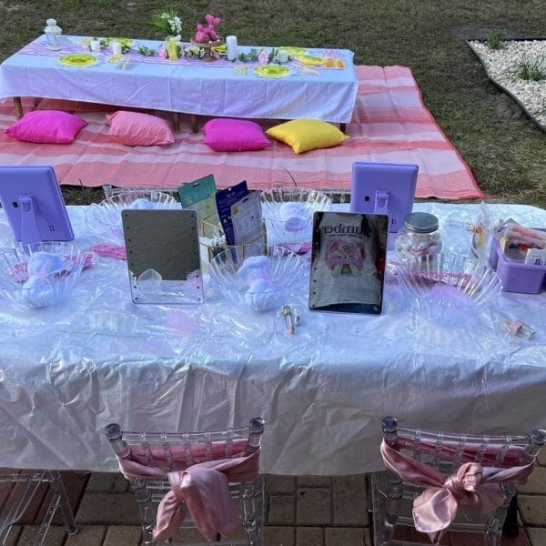 A princess party set up with a teepee.