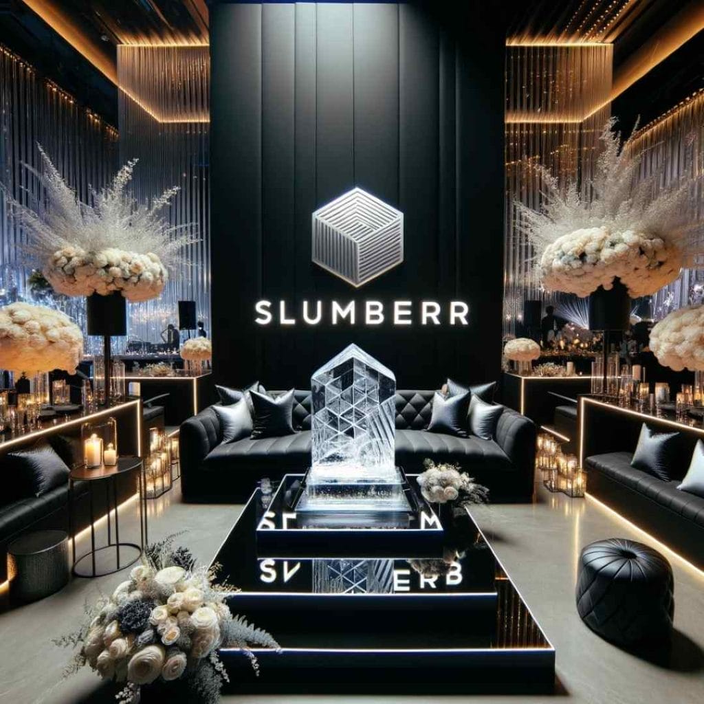 A luxurious interior of Slumberr showroom with black decor, white floral arrangements, and a Central Florida Corporate Event crystal display.