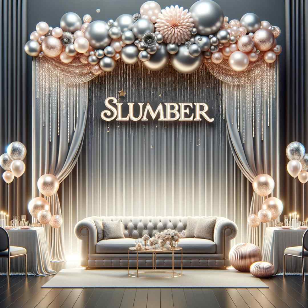 Elegant event setup transformed for a Central Florida Corporate Event, featuring the word "Slumberr" above a cozy gray sofa, surrounded by metallic balloons, drapes, and candles, evoking a