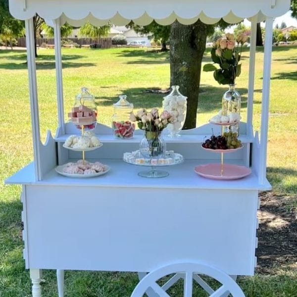 An Elegant White Snack or Candy Cart Rental, styled in a vintage fashion stocked with various sweets and adorned with flowers under a tree in a grassy area.