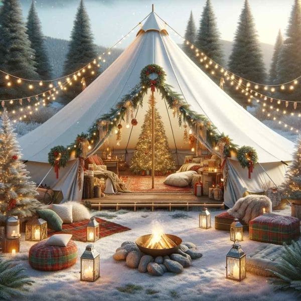 A cozy winter camping scene with a large tent decorated with the Holiday Party Theme, surrounded by snow-covered trees, lanterns, and a fire pit.