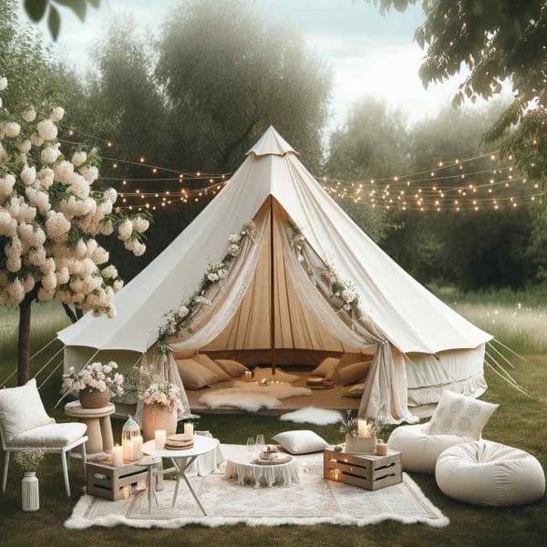 Elegant outdoor tent decorated with flowers, surrounded by candlelit tables, cushions, and hanging lights in a serene garden setting, perfect for a Boho White Party Theme.