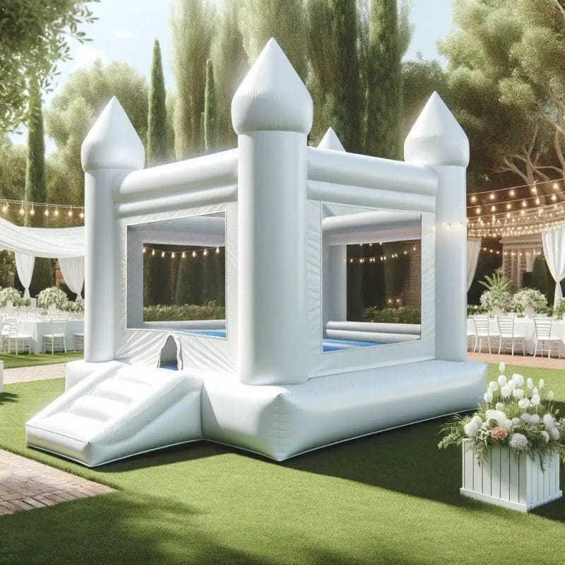 A large white inflatable bounce house, essential for any Central Florida event, is set up in a garden with string lights and white chairs neatly arranged.