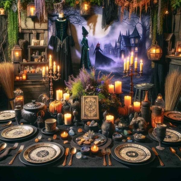 A Halloween-themed dinner table decorated with candles, skulls, themed dishes, and autumnal accents, set against a spooky backdrop with a dark, foggy forest scene for a Hocus Pocus Party Theme