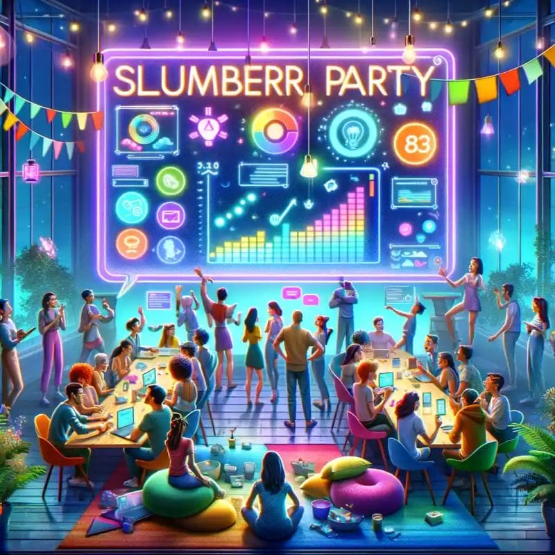 Vibrant illustration of a futuristic slumber party franchise with diverse people engaging in various activities, surrounded by neon lights and digital displays.
