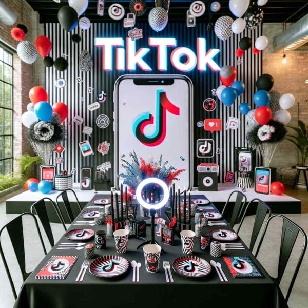 A TikTok Party Theme setup featuring a large TikTok logo backdrop, a decorated table with theme-based tableware, and balloons in a stylish indoor setting.