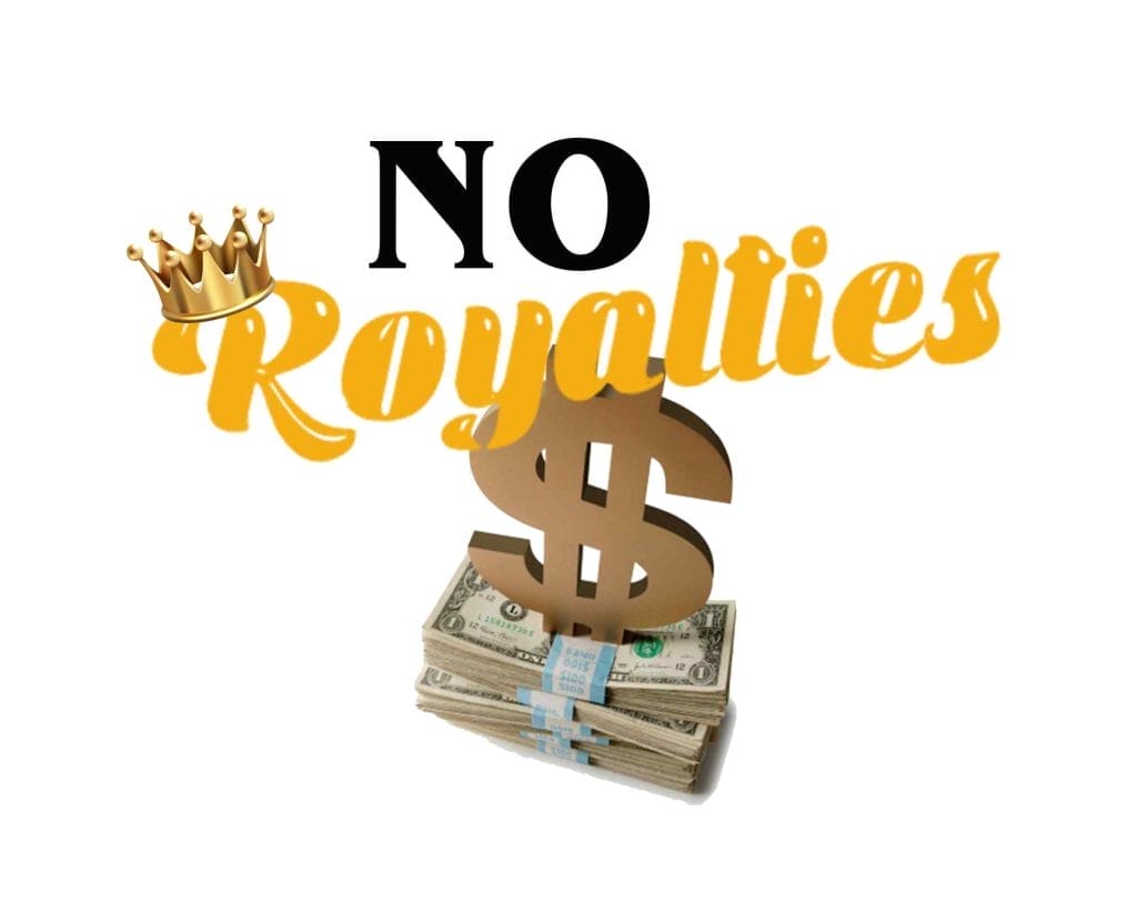 Graphic showing the phrase "no royalties" with a gold crown on top, a large gold dollar sign, and stacks of U.S. currency below for a party franchise.