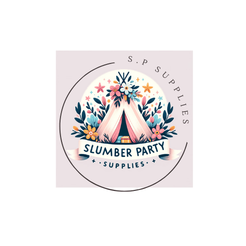 Logo featuring two pink tents surrounded by colorful flowers inside a circle, with the text "s.p supplies slumber party franchise" and stars around the edge.