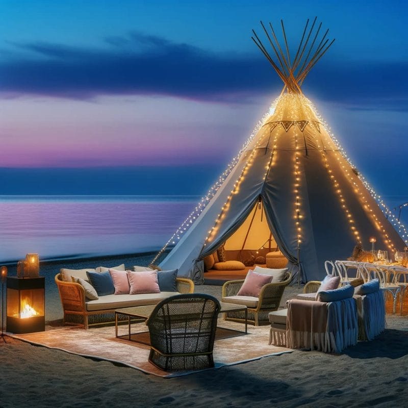 A luxurious beachfront glamping setup at dusk in Florida featuring a lit teepee, plush seating, string lights, and a tranquil ocean backdrop, ideal for the ultimate slumber party adventure.