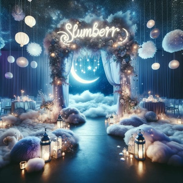 Elegant event setup with a Celestial Dreams custom theme, featuring a "slumber" sign, moon backdrop, cloudy floor, hanging lights, and lanterns, creating a dreamy, celestial atmosphere.