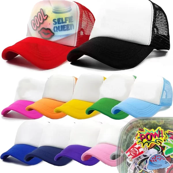 A collection of various colored trucker hats arranged in two rows on a Hat Decorating Party Table, showcasing both plain and patterned designs.