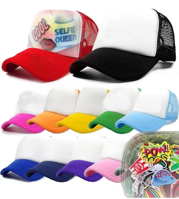 A collection of various colored trucker hats arranged in two rows on a Hat Decorating Party Table, showcasing both plain and patterned designs.