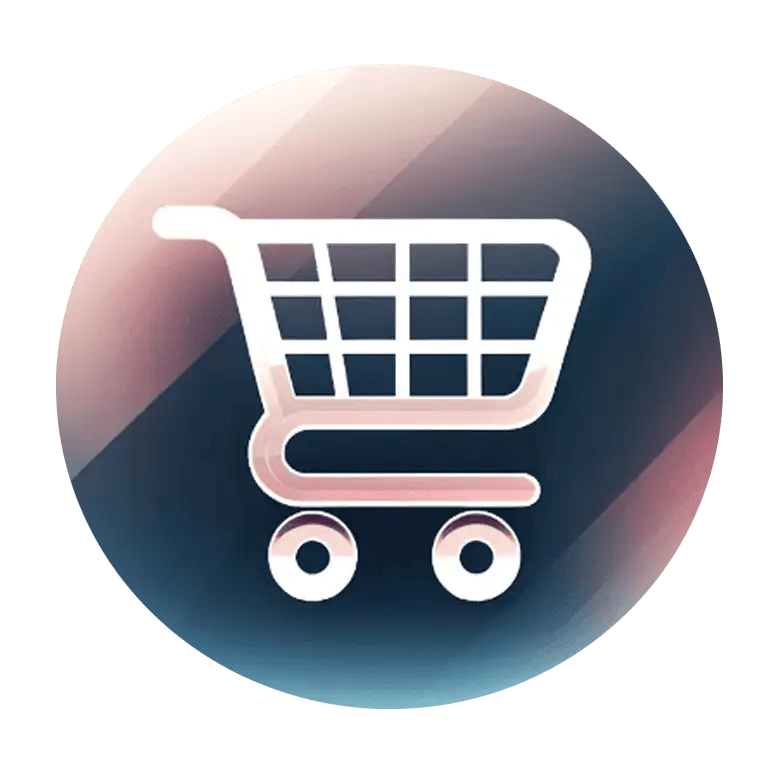 A stylized digital icon of a Party Requests shopping cart, featuring a pink and white color scheme with a modern gradient background.