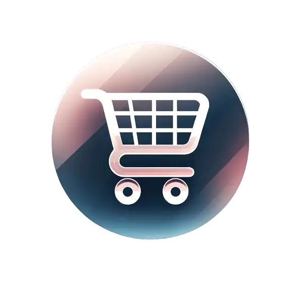 Glossy, circular icon featuring a stylized shopping cart with wheels, depicted in a gradient of pink to purple hues, set against a soft blurred background.